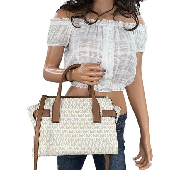 Michael Kors Carmen Medium Flap Satchel Shoulder Bag MK Vanilla - Picture 2 of 10